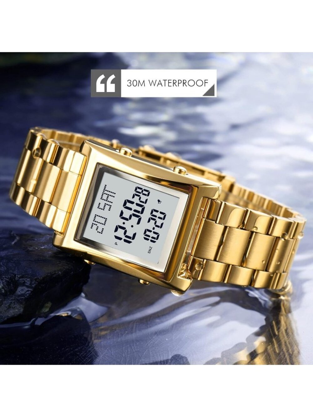 Men's Gold Waterproof Stainless Steel Digital Square Case Simple Wrist Watches - Picture 6 of 6